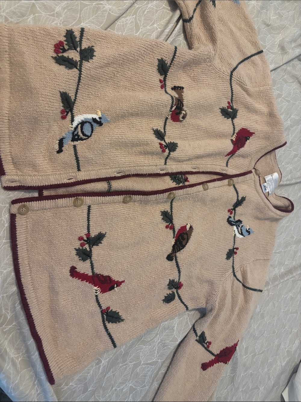 Beige Bird-Embroidered Cardigan Sweater - Women